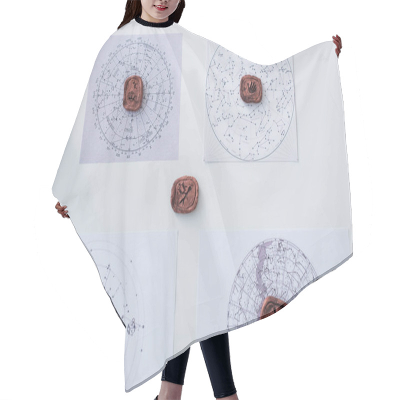 Personality  Top View Of Clay Runes And Constellation Charts On White Surface Hair Cutting Cape