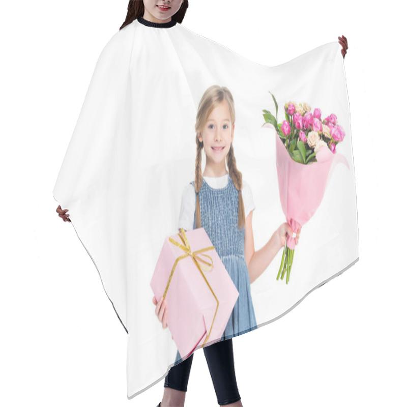 Personality  Smiling Kid With Girl And Bouquet Of Flowers, Isolated On White Hair Cutting Cape