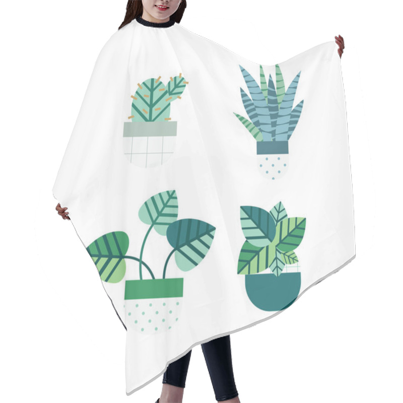 Personality  Cactus And Succulent Set With Nice Pots In Flat Style. Editable Elements, Icons For Home Garden, Landscape Hair Cutting Cape