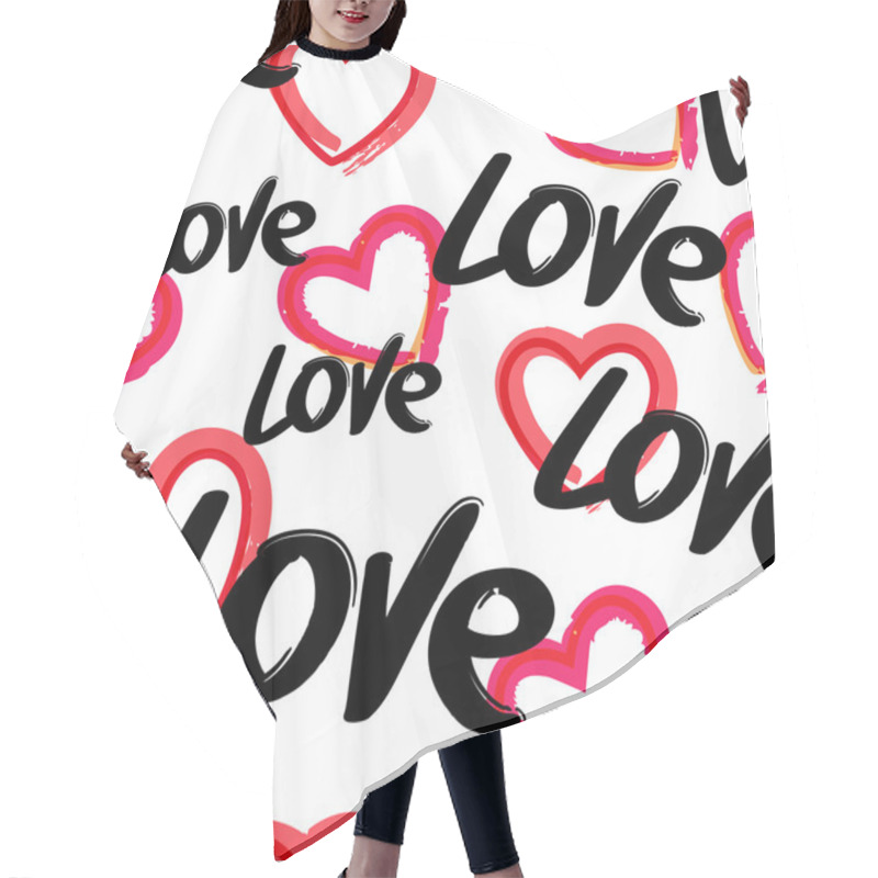 Personality  Vector Seamless Pattern With Hand Drawn Word Love And Red Heart, Hair Cutting Cape