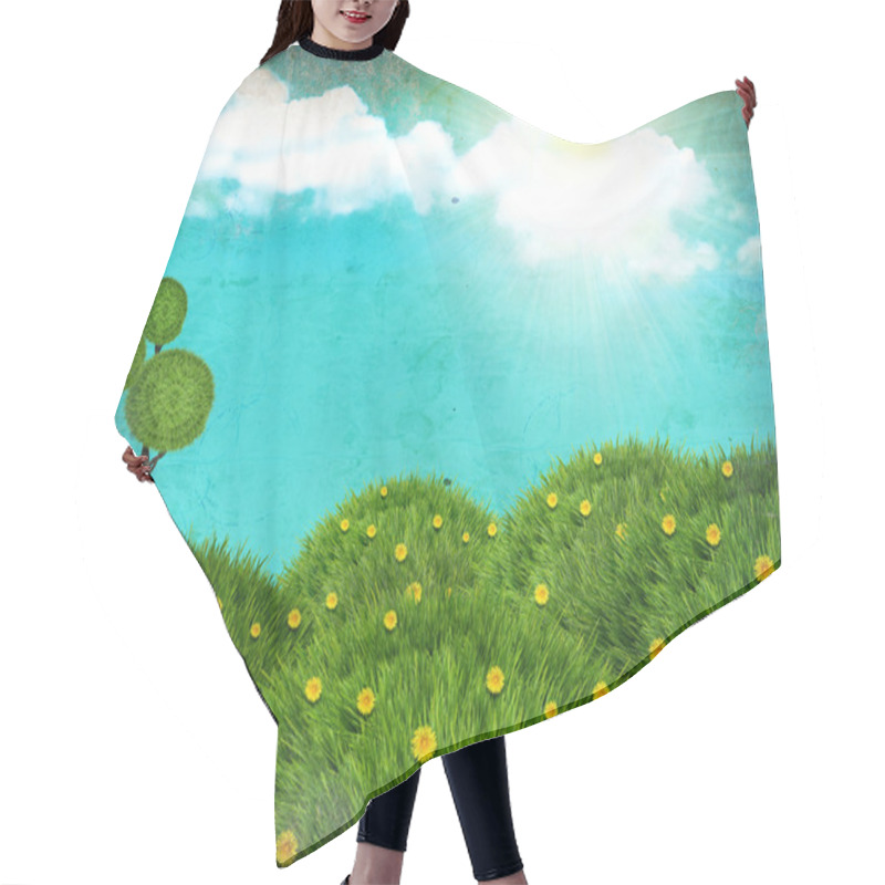 Personality  Grunge Nature Landscape Collage With Green Grass Hills And Sun Hair Cutting Cape