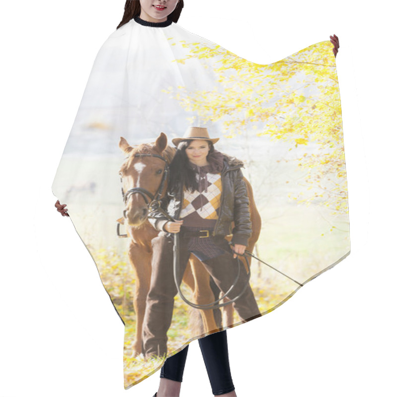 Personality  Equestrian With Her Horse In Autumnal Nature Hair Cutting Cape