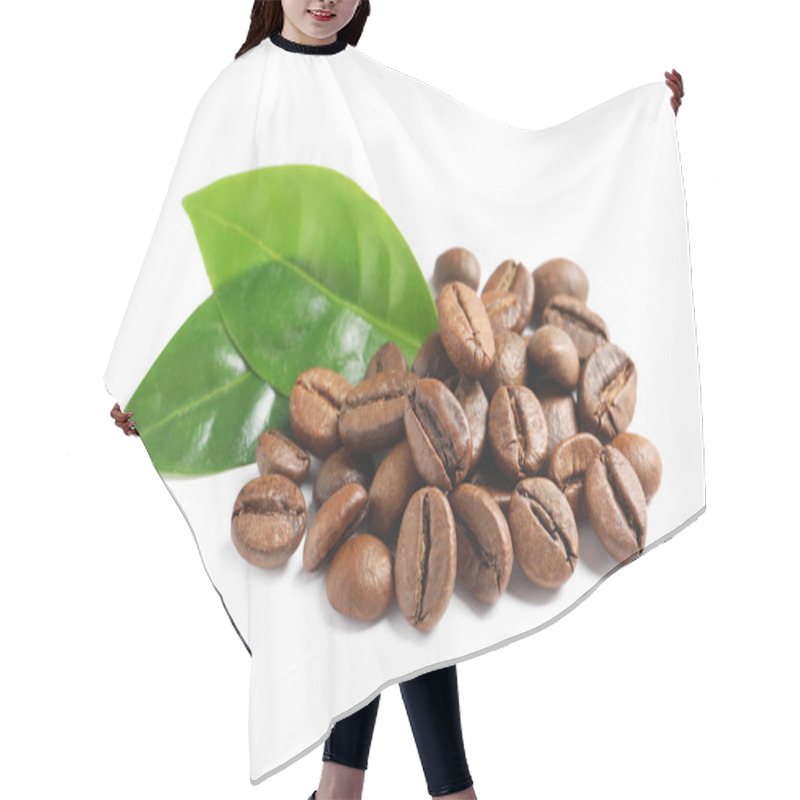 Personality  Roasted Coffee Beans And Fresh Green Leaves On White Background Hair Cutting Cape