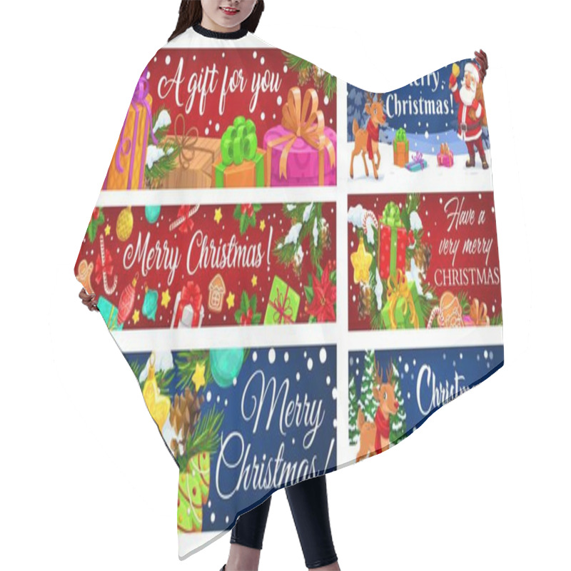 Personality  Christmas Gift Vector Greeting Banners. Santa And Reindeer With Winter Holiday Presents, Xmas Trees And Bells, Snow, Stars And Candy Canes, Holly Berry, Balls And Gingerbread, Snowflakes, Ribbon Bows Hair Cutting Cape