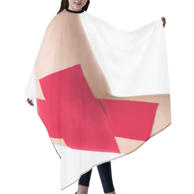 Personality  Cropped View Of Female Cubit With Kinesiology Tapes Isolated On White Hair Cutting Cape