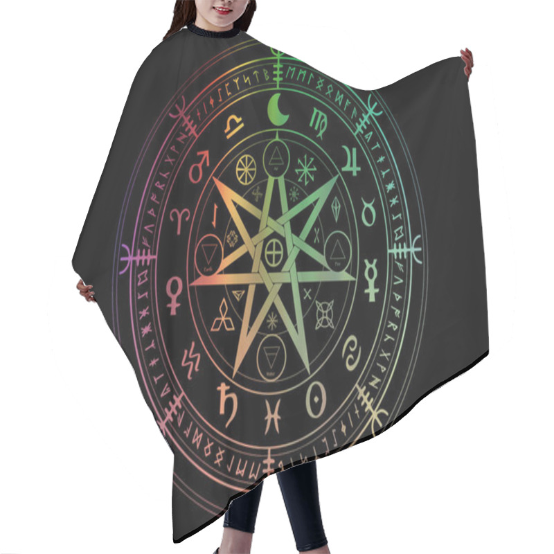 Personality  Wiccan Symbol Of Protection. Set Of Mandala Witches Runes, Mystic Wicca Divination. Colorful Ancient Occult Symbols, Earth Zodiac Wheel Of The Year Wicca Astrological Signs, Vector Isolated Or Black Hair Cutting Cape