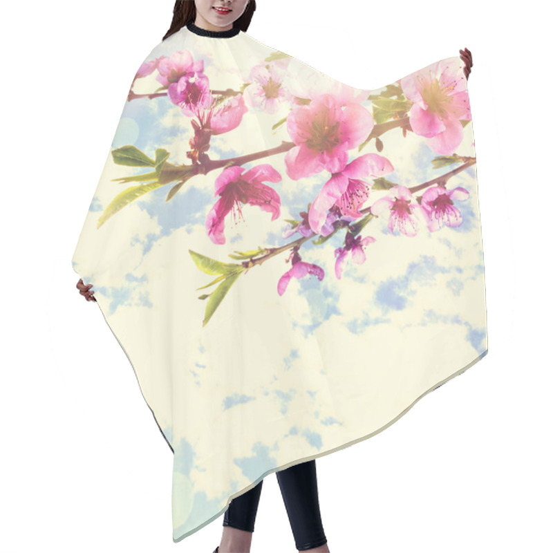 Personality  Beautiful Pink Peach Blossom On Cloudy Sky Background Hair Cutting Cape