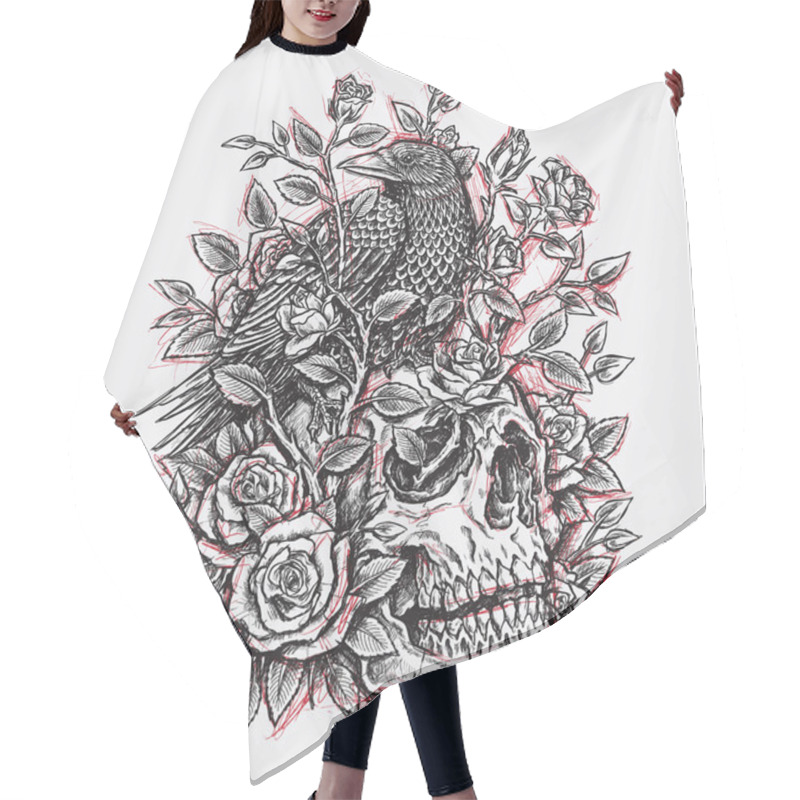 Personality  Sketchy Crow, Roses And Skull Tattoo Design Linework Hair Cutting Cape