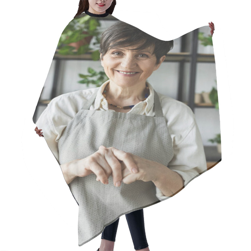 Personality  A Gardener Joyfully Tending To Her Beloved Plants In A Bright Studio. Hair Cutting Cape