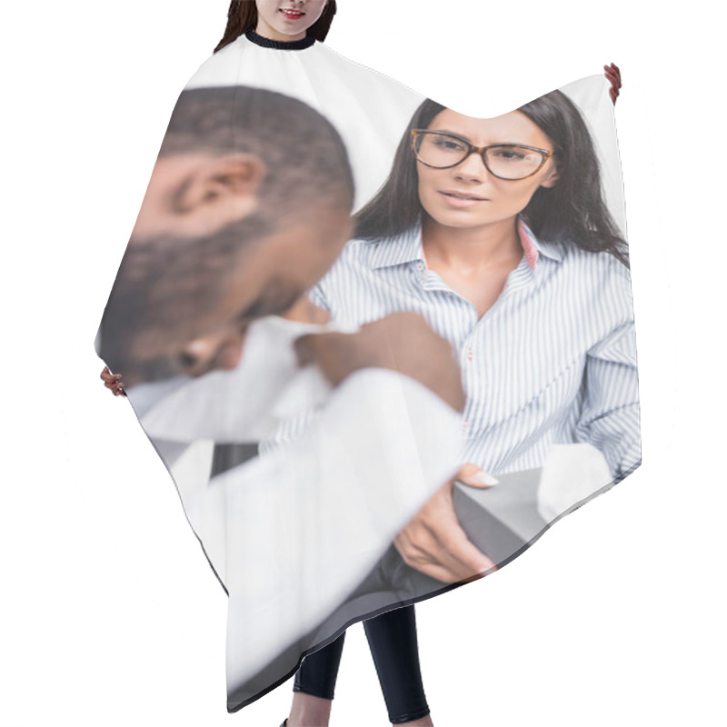 Personality  Selective Focus Of Psychologist In Eyeglasses Giving Paper Napkins To Crying African American Man Hair Cutting Cape