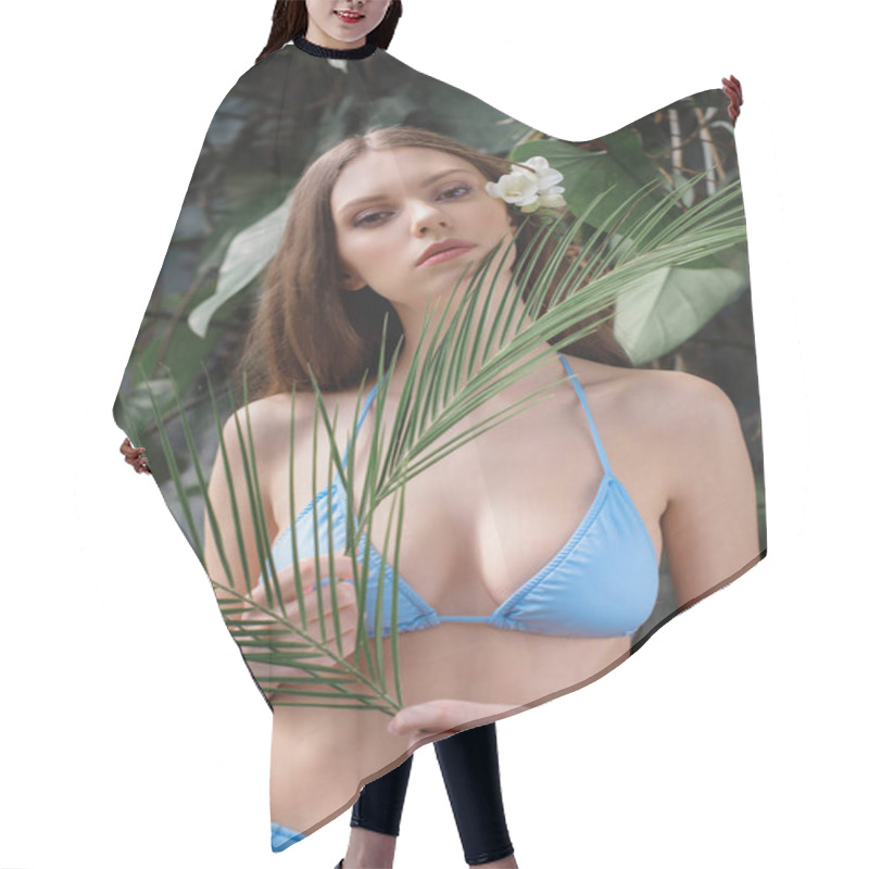 Personality  Beauty With Flower In Hair Posing With Palm Leaves On Tropical Resort Hair Cutting Cape