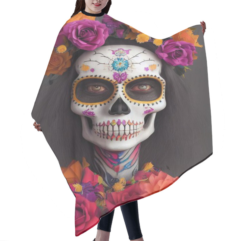 Personality  Sugar Skull Makeup With Flower Ornament Woman Face. 3D Rendering Hair Cutting Cape