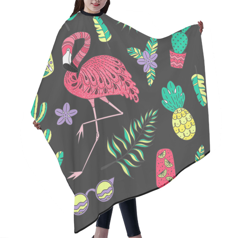 Personality  Seamless Pattern With Flamingo, Exotic Leaves. Set Of Hand Drawn Vector Tropical Elements Hair Cutting Cape