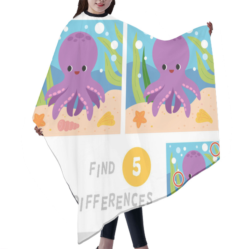 Personality  Find Differences Educational Game For Children, Cute Octopus And Sea Background Ocean Floor Hair Cutting Cape