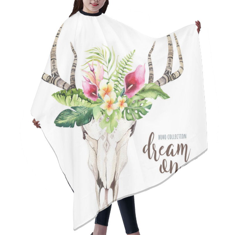 Personality  Cow Skull And Tropic Leaves Hair Cutting Cape