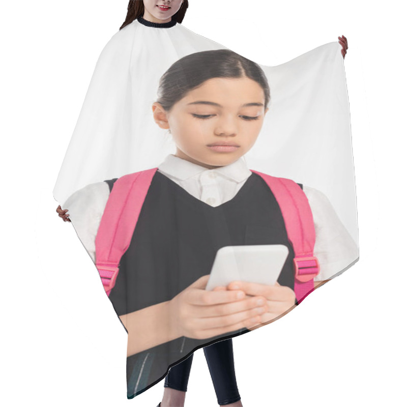 Personality  Digital Age, Schoolgirl With Backpack Using Smartphone Isolated On White, Student In Uniform Hair Cutting Cape