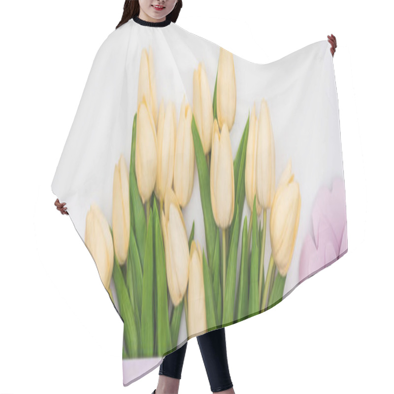 Personality  Top View Of Tulips In Violet Shopping Bag With Paper Flowers Isolated On White, Panoramic Shot Hair Cutting Cape