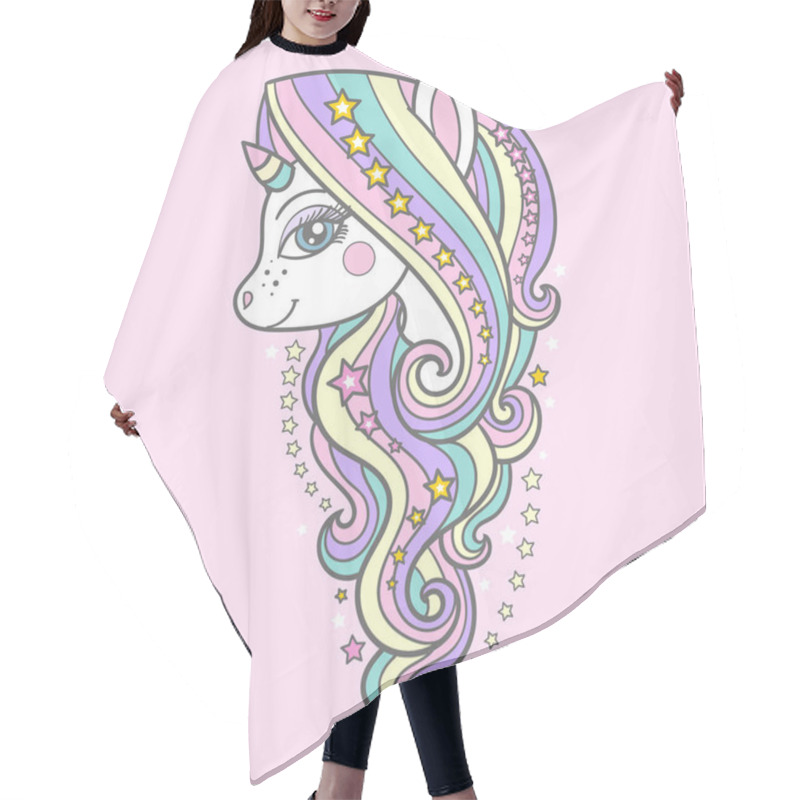 Personality  Cute Unicorn With A Long Mane And Stars On A Pink Background. Vector Hair Cutting Cape