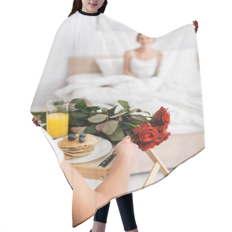 Personality  Woman Holding Tray With Red Roses And Breakfast Near Lesbian Girlfriend In Bed On Blurred Background Hair Cutting Cape