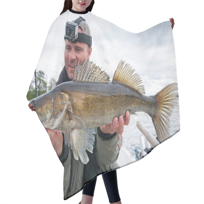 Personality  Happy Angler With Big Zander Fish Hair Cutting Cape