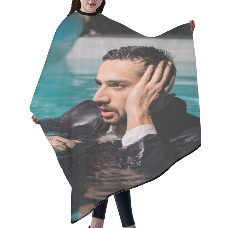 Personality  Arabian Businessman In Wet Suit Looking Away In Pool  Hair Cutting Cape