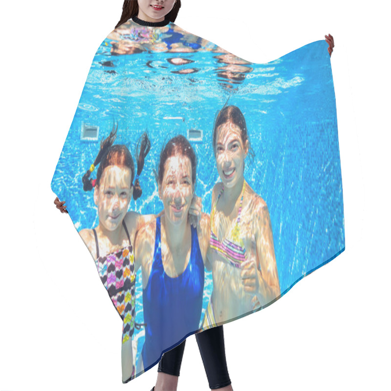 Personality  Family Swim In Pool Underwater, Happy Active Mother And Children Have Fun Under Water, Kids Sport On Family Vacation Hair Cutting Cape