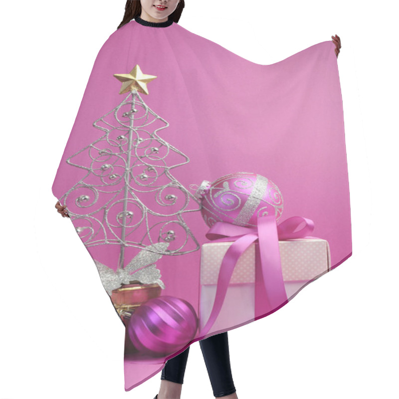 Personality  Pink Theme Christmas Tree, Gift And Baubles Festive Holiday Still Life. Hair Cutting Cape