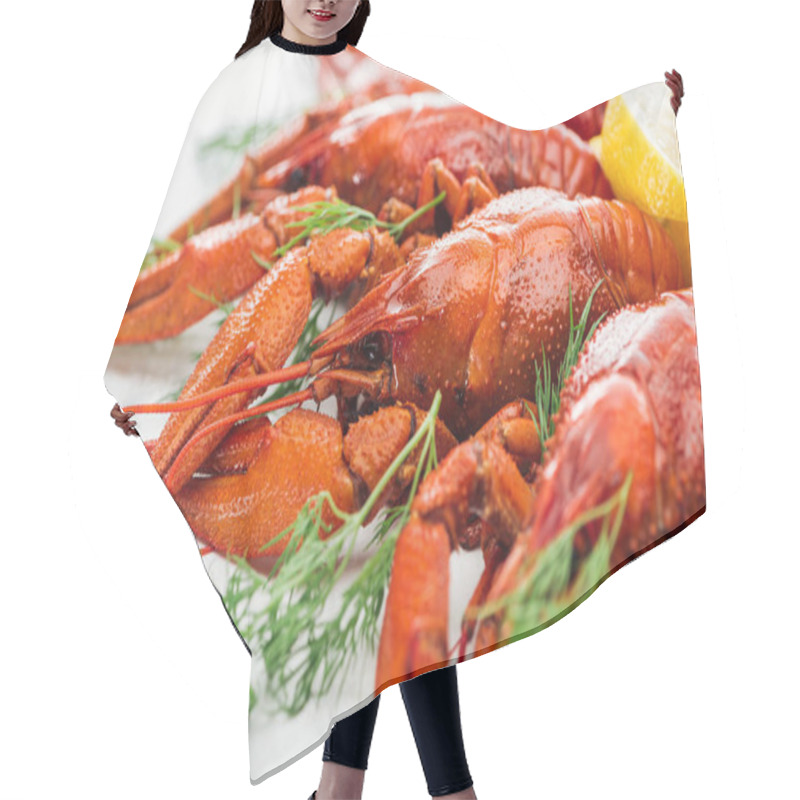 Personality  Selective Focus Of Red Lobsters And Green Herbs On White Background Hair Cutting Cape