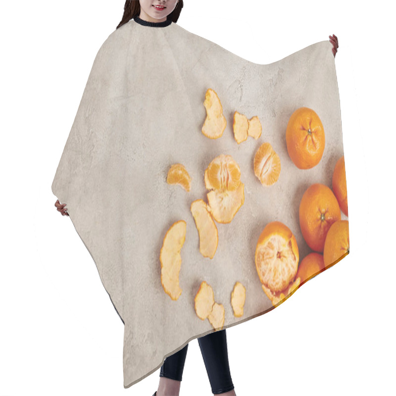 Personality  Top View Of Whole And Peeled Ripe Mandarins On Grey Textured Backdrop, Christmas Concept Hair Cutting Cape