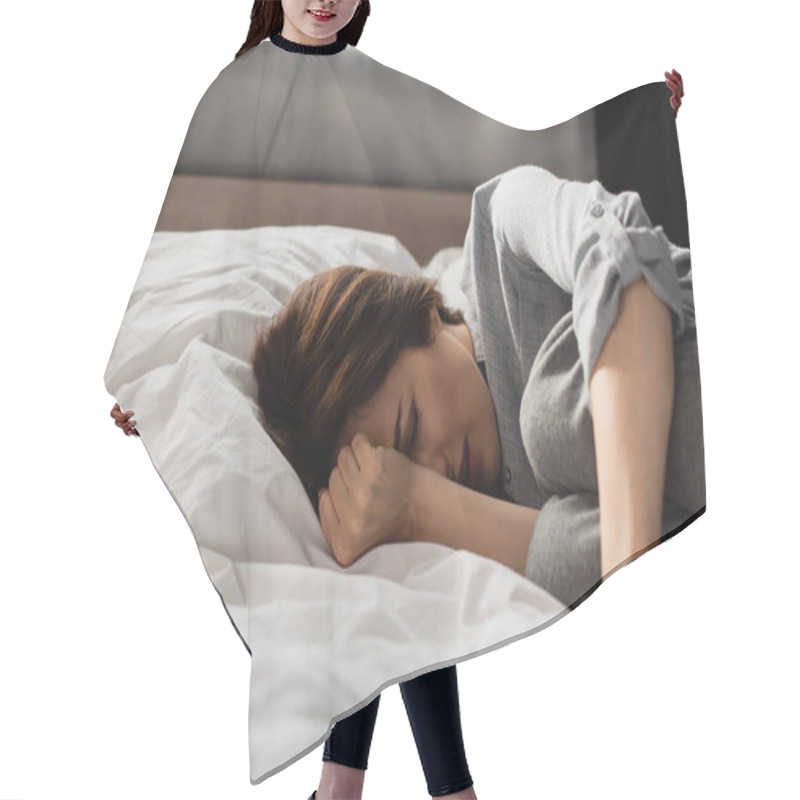 Personality  Exhausted Woman Suffering From Pain And Touching Head While Lying On Bed  Hair Cutting Cape