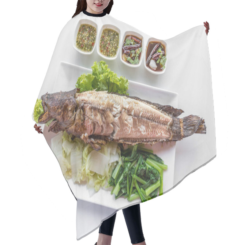 Personality  Grilled Fish With Vegetables And Sauce On White Background Hair Cutting Cape