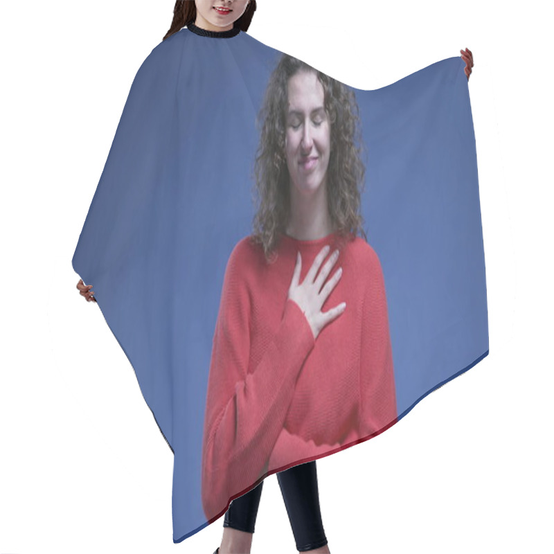 Personality  Grateful Woman Putting Hands On Chest Feeling Gratitude And Faith On Blue Backdrop Hair Cutting Cape