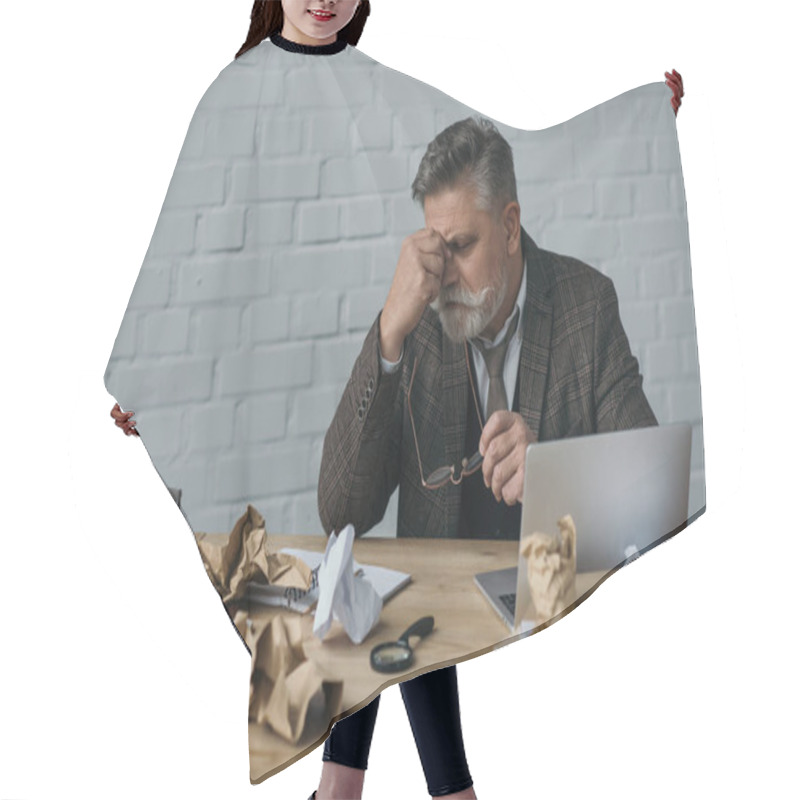 Personality  Overworked Senior Writer Sitting At Messy Workplace Hair Cutting Cape