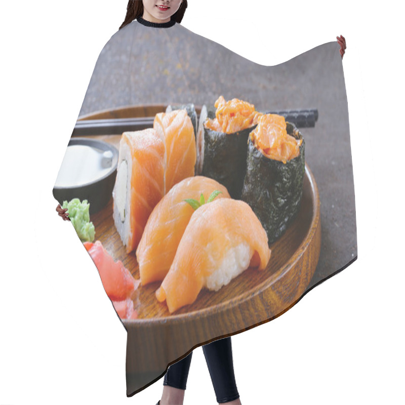 Personality  Menu Of Assorted Sushi With Salmon - Traditional Japanese Cuisine Hair Cutting Cape