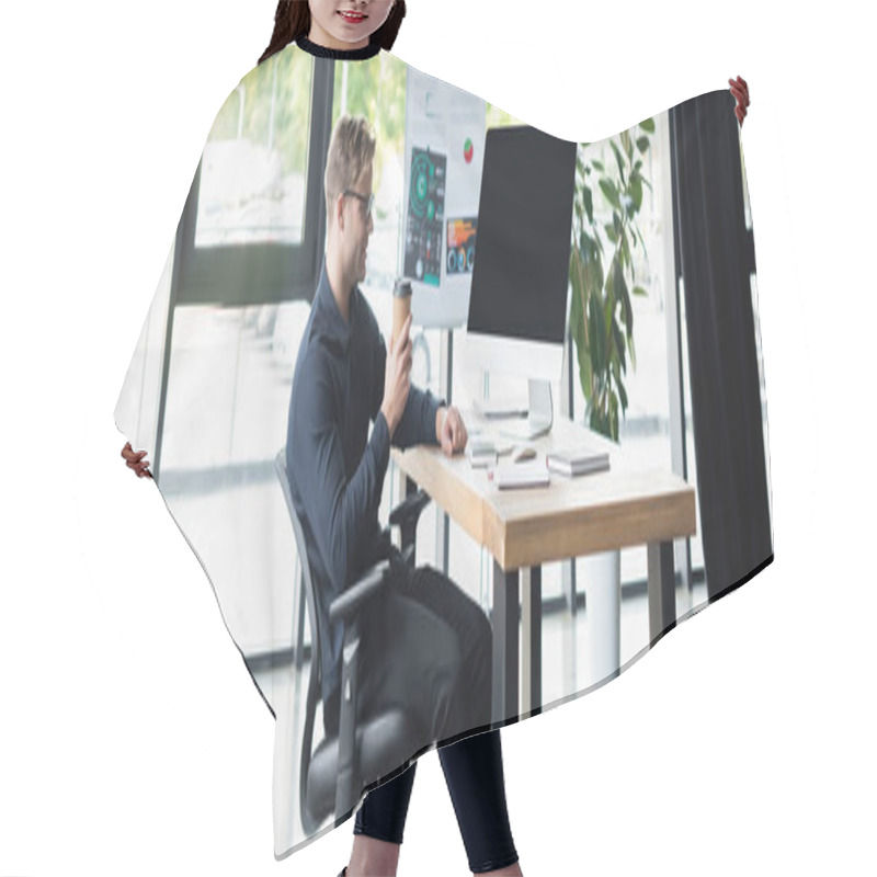 Personality  Side View Of Smiling Programmer Holding Takeaway Drink Near Computer With Blank Screen In Office, Banner  Hair Cutting Cape