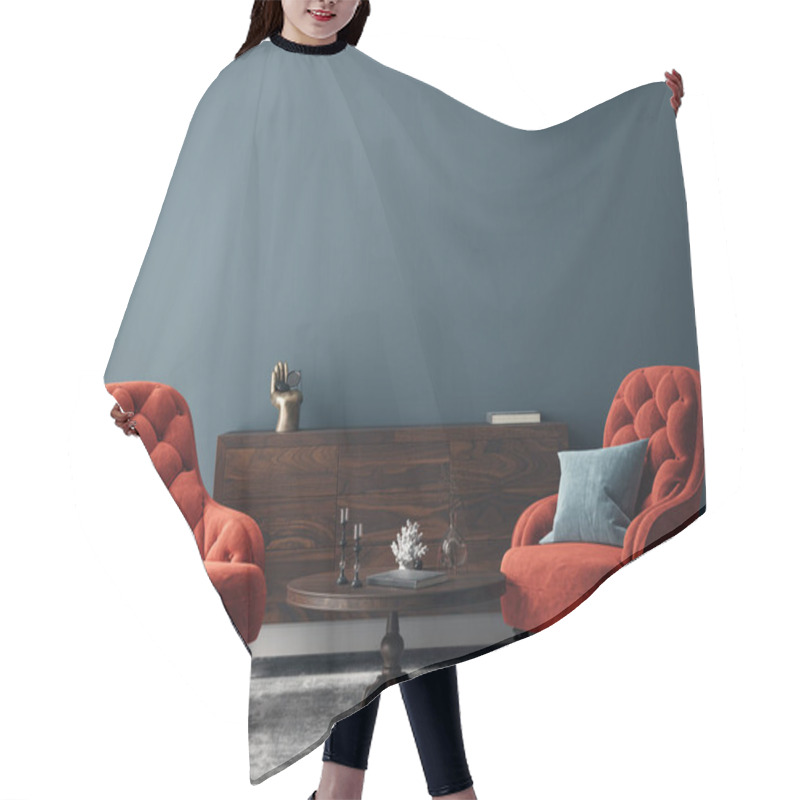 Personality  Elegant Dark Interior With Bright Red Armchairs, 3d Render Hair Cutting Cape