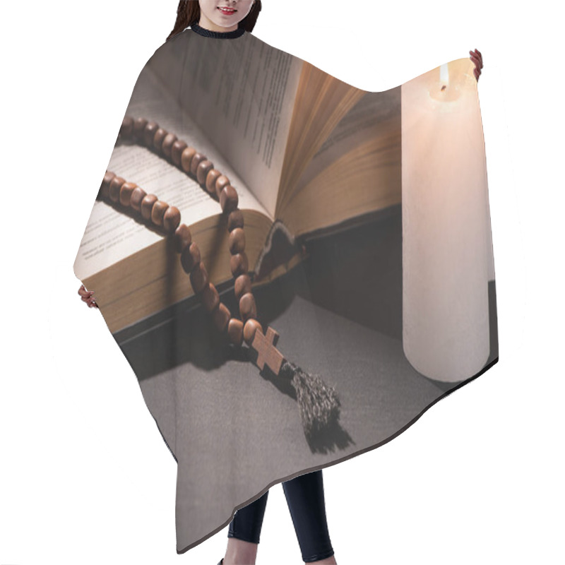 Personality  Holy Bible With Rosary On Black Dark Background With Burning Candles Hair Cutting Cape