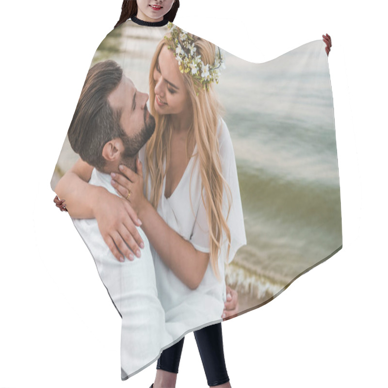 Personality  Smiling Elegant Bride And Groom Going To Kiss On Beach Hair Cutting Cape