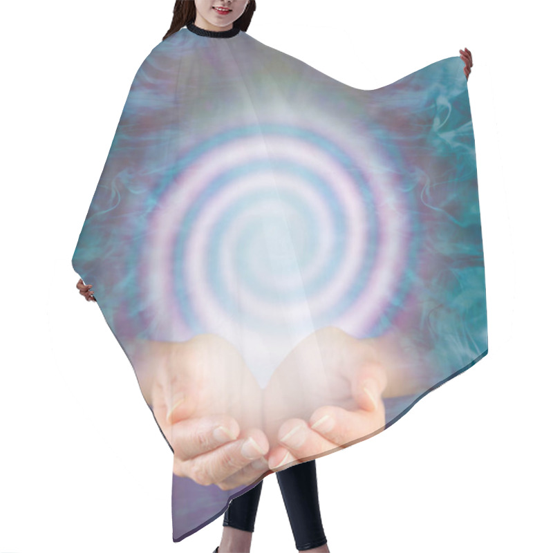 Personality  Observe The Continuous Vortexing Spiral Of Energy Flowing In And Out - Female Cupped Hands With A Pink Spiral Above Against An Intricate Jade Green Purple Energy Background And Copy Space Hair Cutting Cape