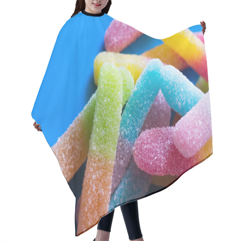 Personality  Close Up View Of Gummy Sweets With Sugar On Blue Background  Hair Cutting Cape