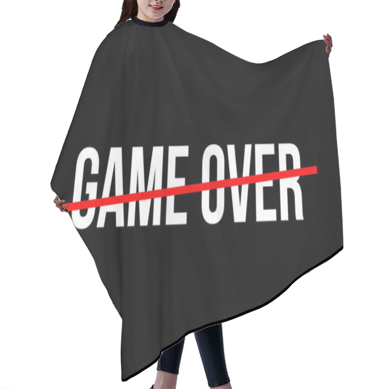 Personality  Game Over Logo In White With Red Line Over. Gamer Playing Console Computer Video Games And Lose. Gaming Black Background Hair Cutting Cape