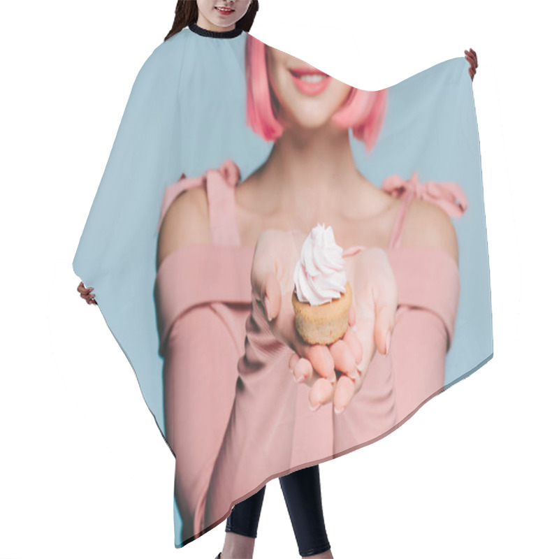 Personality  Cropped View Of Smiling Girl Holding Sweet Cupcake Isolated On Blue Hair Cutting Cape