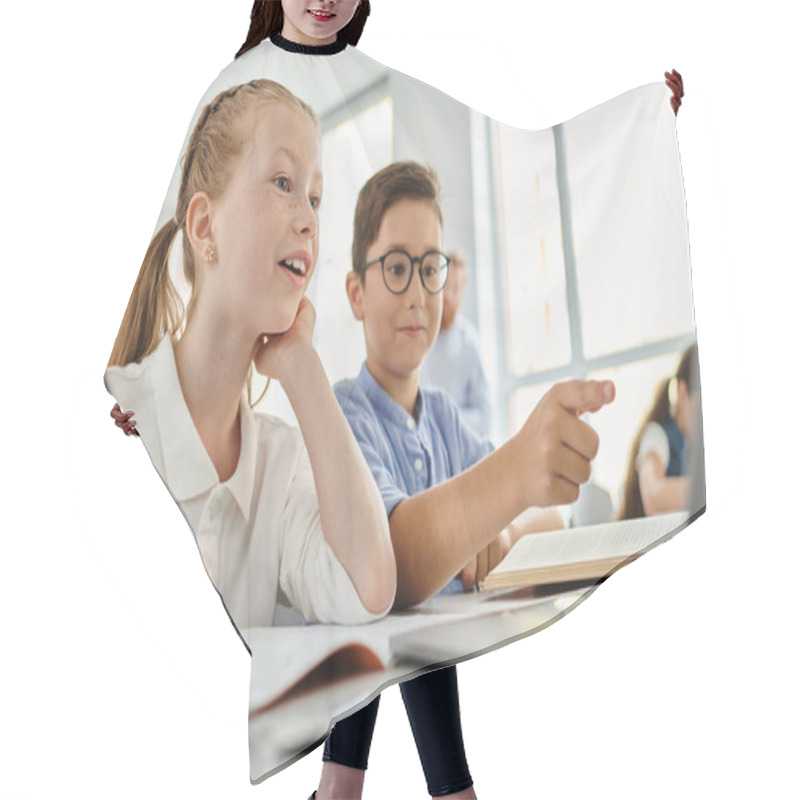 Personality  Children Sitting At A Table In A Bright Classroom, Focused On A Laptop Screen Hair Cutting Cape