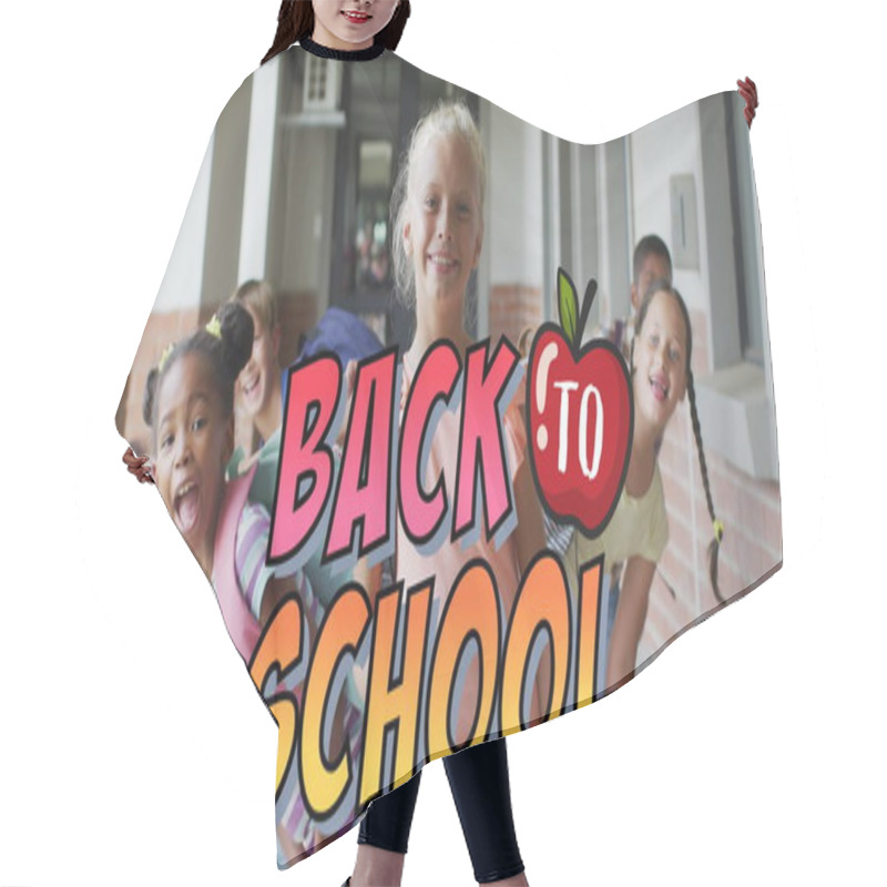 Personality  Image Of Back To School Text Over Happy Diverse School Kids At School. Education, Learning And School Concept Digitally Generated Image. Hair Cutting Cape