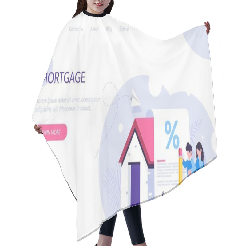 Personality  Mortgage Loan Form Concept. Young Family Signs A Mortgage Document To Buy A New Home. Favorable Interest From The Bank. Landing Web Page Template. Hair Cutting Cape