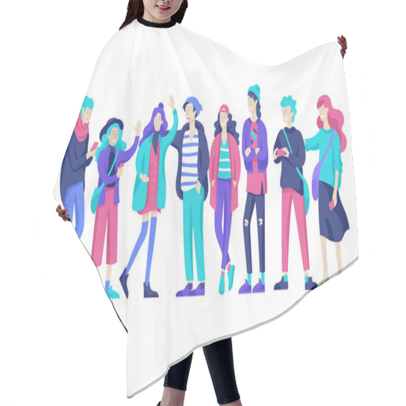 Personality  Vector People Friends Character. Group Of Teenagers In Winter Or Autumn Trendy Clother Hair Cutting Cape