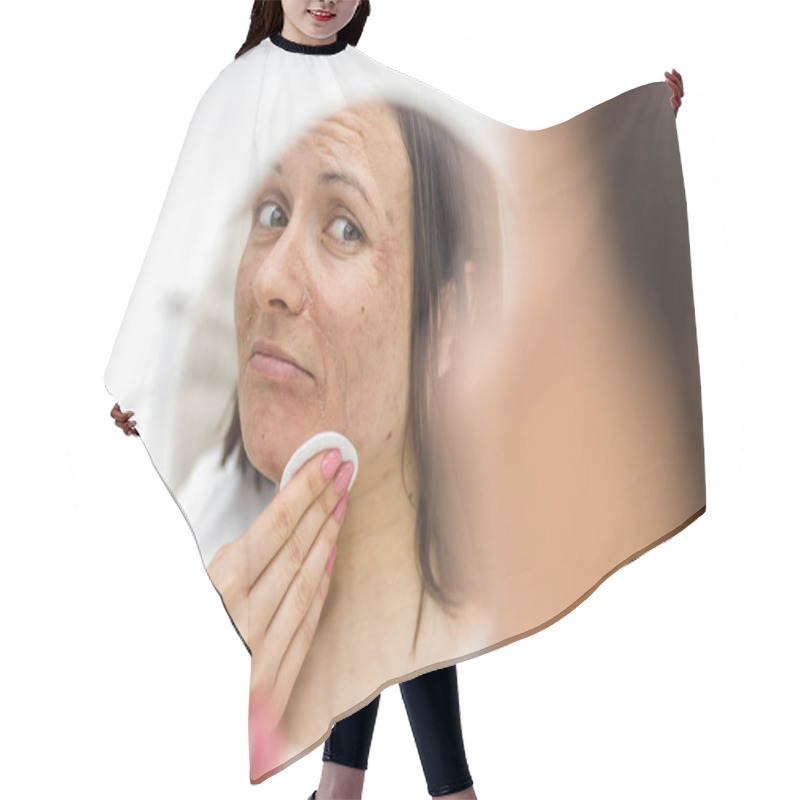 Personality  Photo Of Woman Having Skin Problems Looking In The Mirror. Hair Cutting Cape