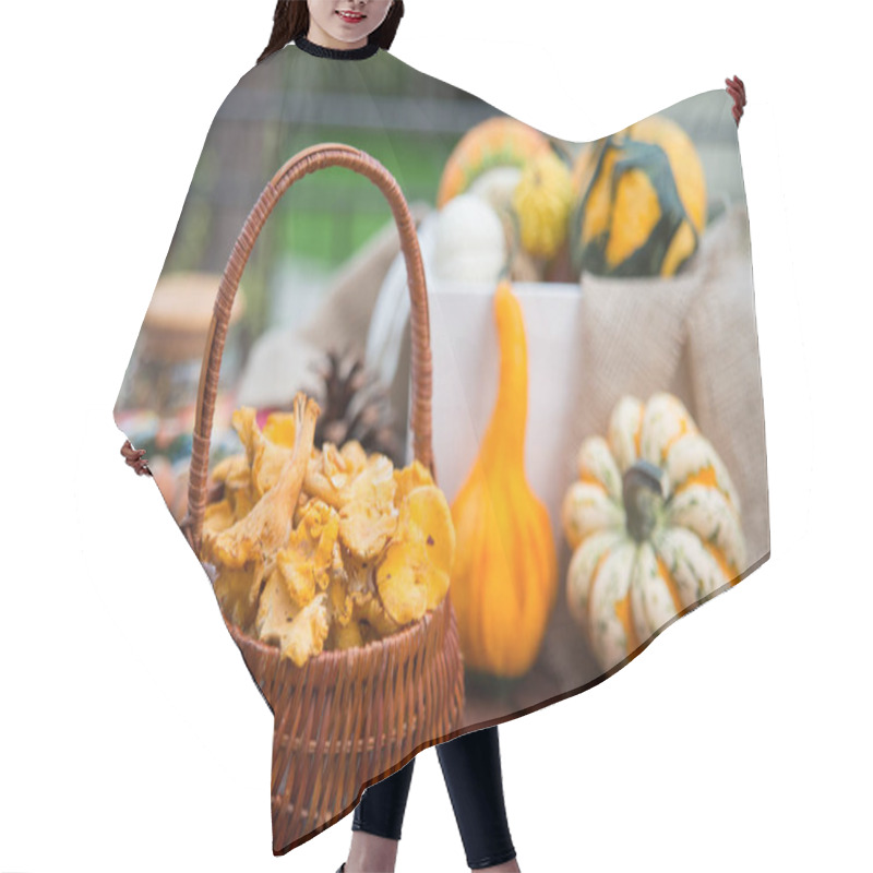 Personality  Full Basket Of Chanterelles In Autumn Garden With Different Decorations And Pumpkins Hair Cutting Cape