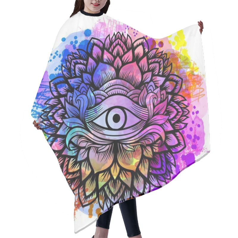 Personality  Third Eye With Floral Mandala Zentangle Hand Drawing Line Art Boho Chic Style. Best For Adult Coloring Book And Meditation Relax. Watercolor, Chalk, Pastels, Pencils Texture. T-shirt Design. Vector Hair Cutting Cape