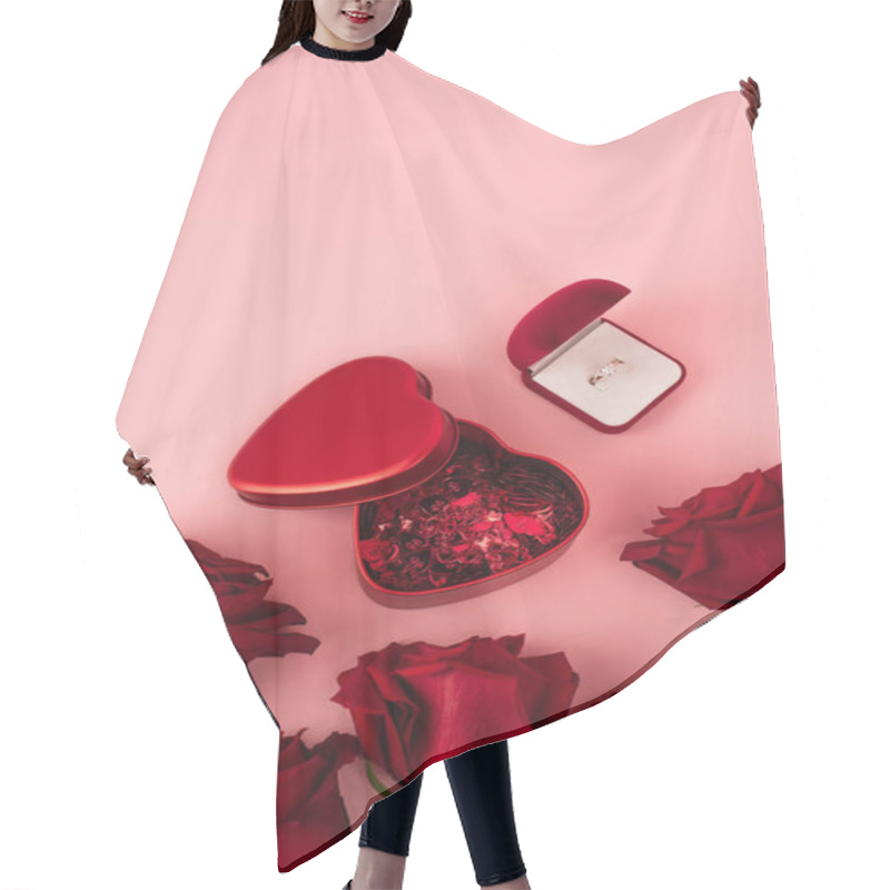 Personality  Top View Of Red Roses Near Box With Heart-shaped Confetti And Engagement Ring On Pink  Hair Cutting Cape